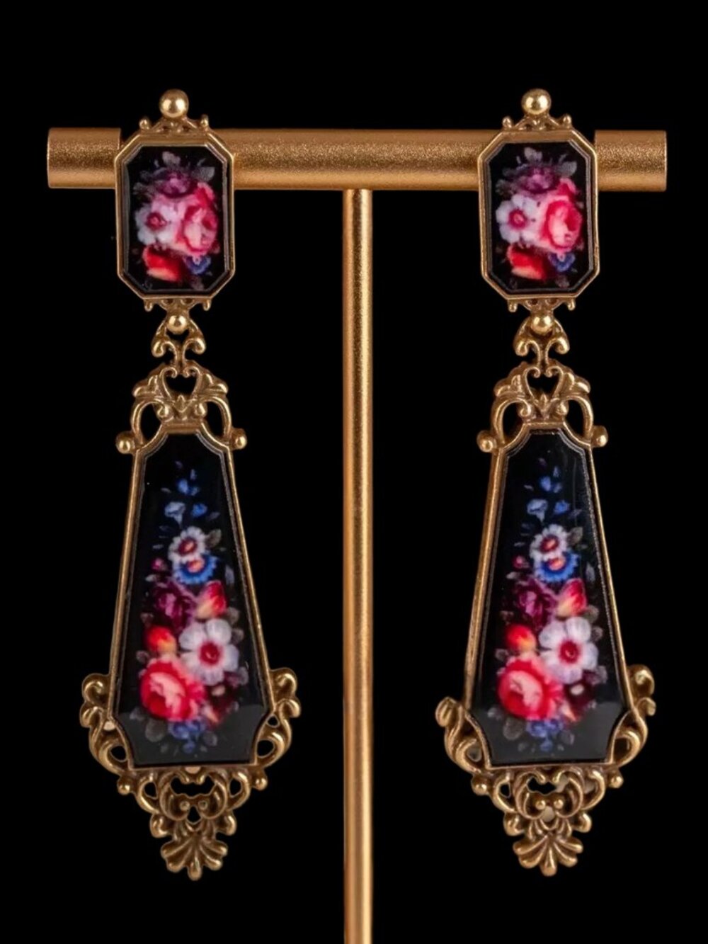 Vintage Style Gold Tone Black Floral Ornate Long Dangle Statement Earrings